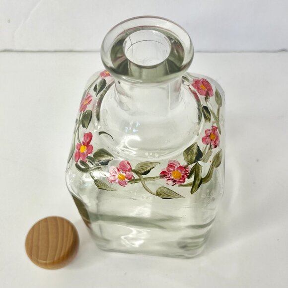 Floral Clear Glass Apothecary Bottle Hand painted Pink Flowers & Green Leaves - Picture 9 of 12